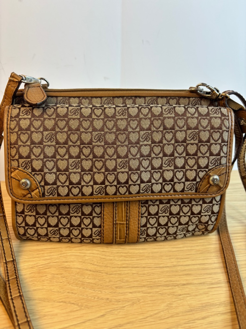 Vintage Brighton Wallet Card Organizer Brown Canvas Crossbody with Hearts